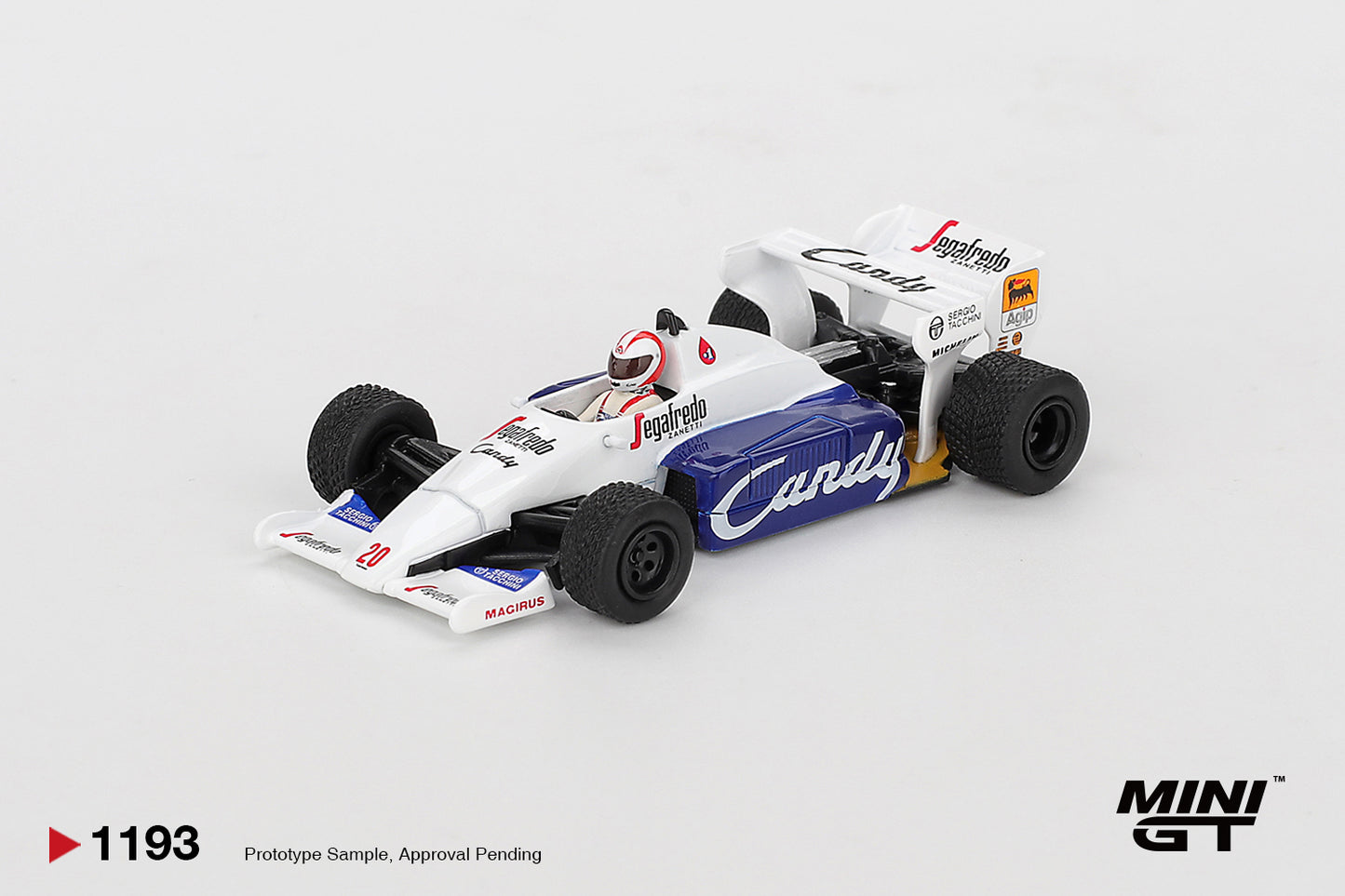 Toleman TG184 #20 Johnny Cecotto 1984 Monaco GP 1:64 Mini GT - front