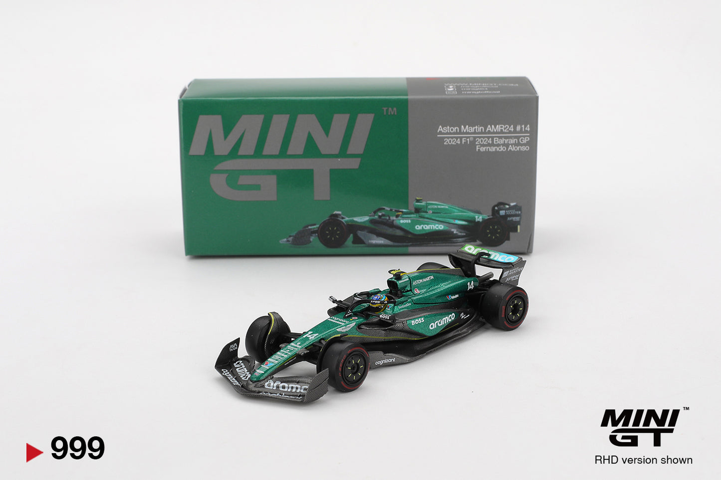 Box of Aston Martin AMR24 #14 Fernando Alonso 2024 F1 2024 Bahrain GP 1:64 scale model car - Mini GT