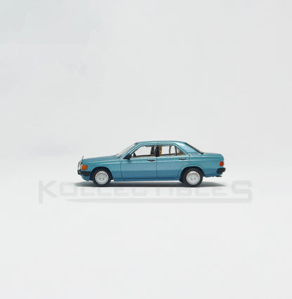 Side1 view of Mercedes Benz 190E Blue 1:64 scale model cars - Xcartoys x Poprace