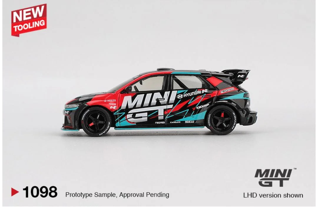 Model car packaging for MINI GT with a colorful design on a white background