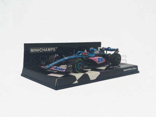 Perspective view of BWT Alpine F1 Team A523 3rd Monaco GP 2023 1:43 scale model cars by Minichamps