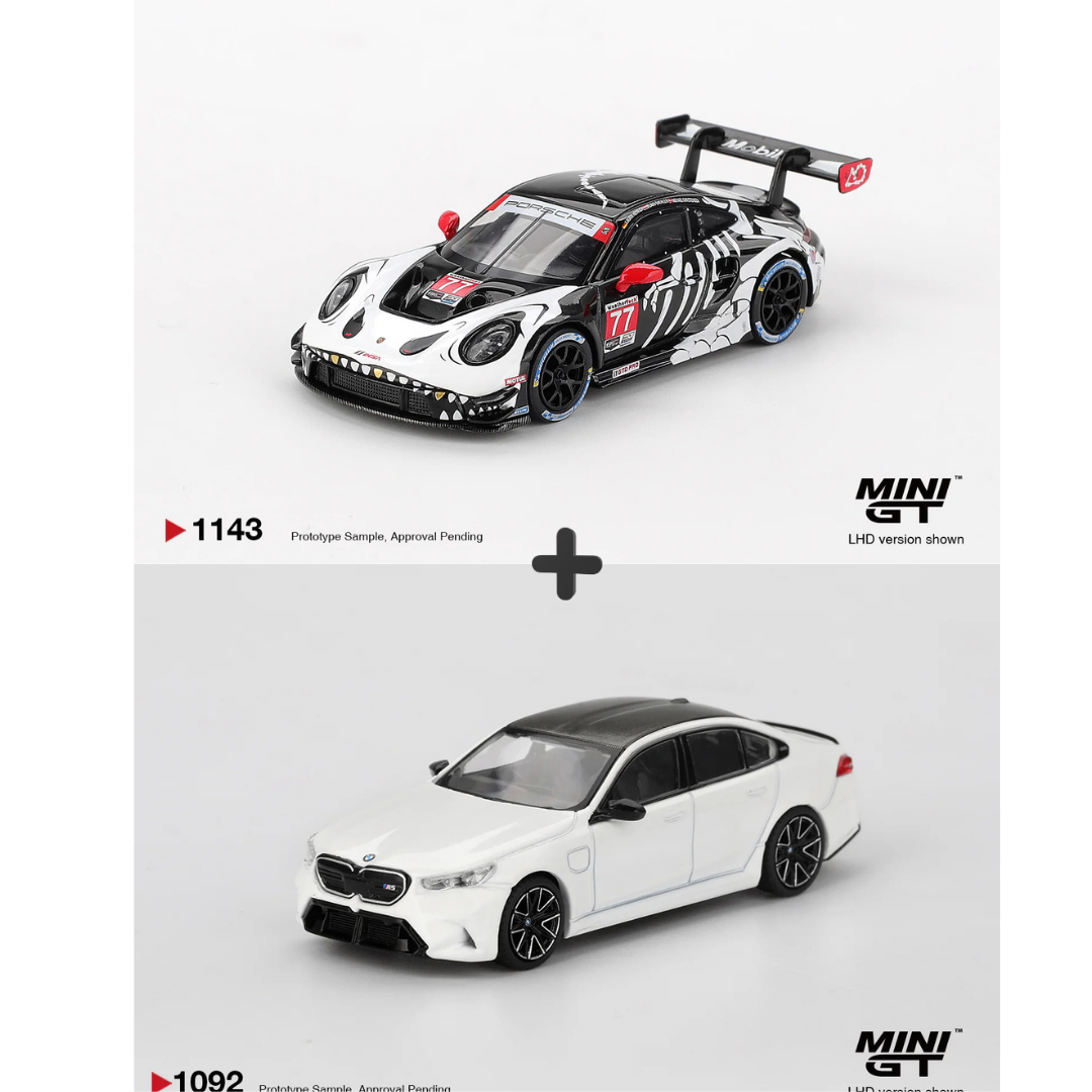 Mini GT 1:64 Porsche 911 GT3 R #77 AO Racing and BMW M5 Alpine White model car bundle packaging