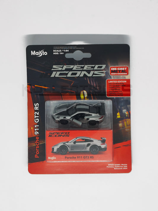 Blister package of Speed icons - Porsche 911 GT2 RS GREY 1:64 scale model car - Maisto