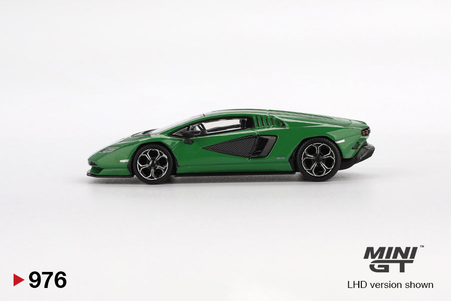 Side view of Mini GT 1/64 Lamborghini Countach LPI 800-4 Verde Medio 1:64 scale model car - Mini GT
