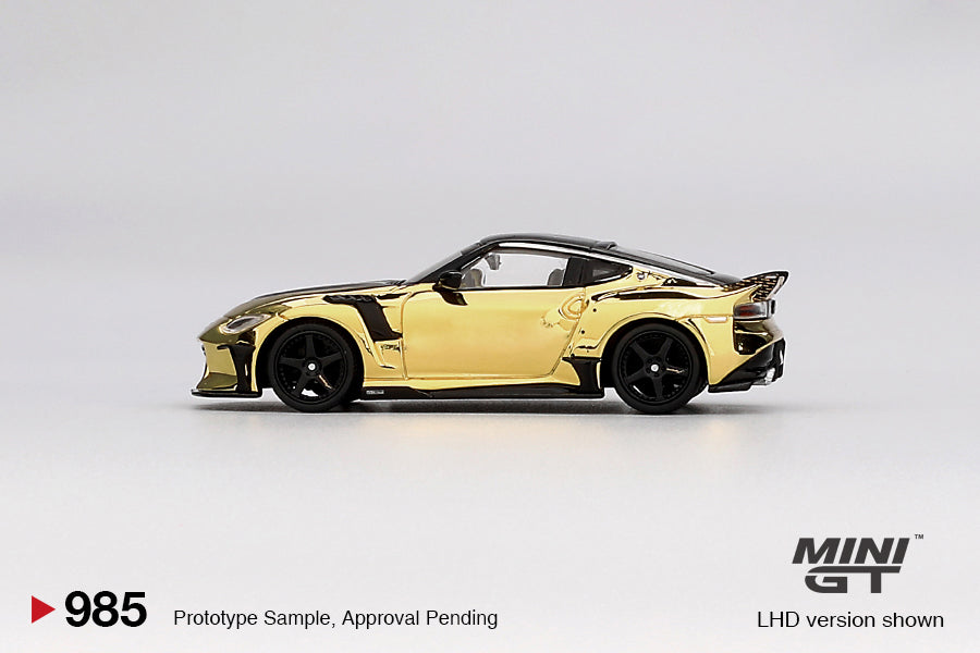 side of Nissan Z VeilSide FFZ400 Gold Chrome 1:64 scale model car - Mini GT