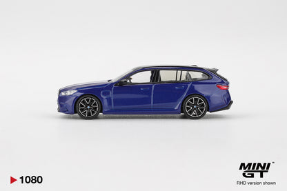 side view of BMW M5 Touring Marina Bay Blue Metallic 1:64 scale model car - Mini GT