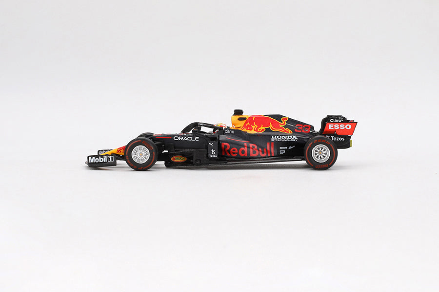side view of Red Bull RB16B #33 Max Verstappen 2021 Abu Dhabi Grand Prix Winner 1:64 Scale model car by Mini GT