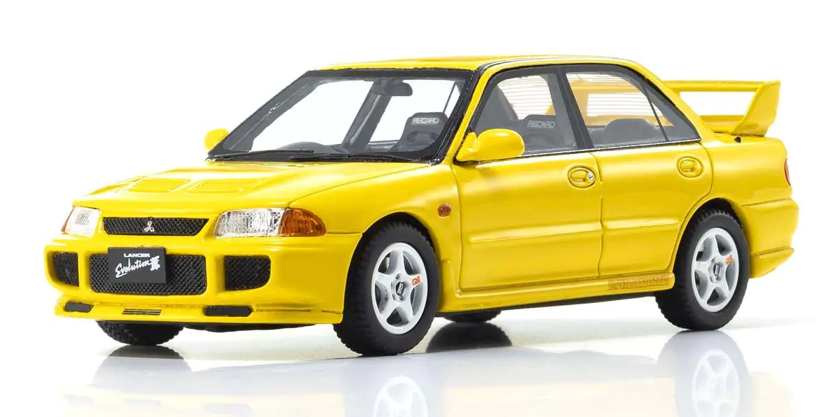 perspective view of both the front and the side Kyosho 1:43  Mitsubishi Lancer Evolution III yellow