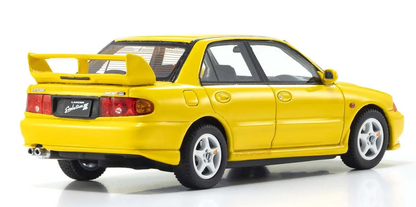 perspective view of both the back and the side Kyosho 1:43  Mitsubishi Lancer Evolution III yellow