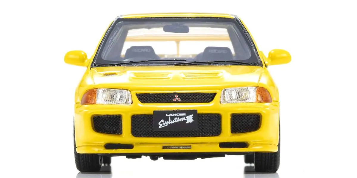 front view of Kyosho 1:43  Mitsubishi Lancer Evolution III yellow