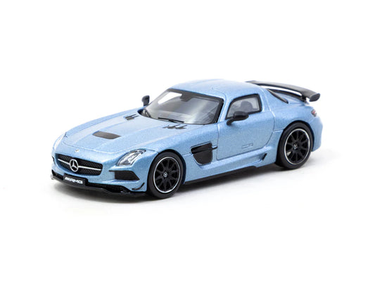 Front perspective view of Mercedes Benz SLS AMG Coupe Black Series Matte Blue 1:64 scale model car - Tarmac works