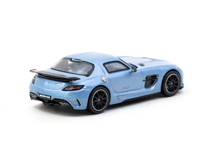 Back perspective view of Mercedes Benz SLS AMG Coupe Black Series Matte Blue 1:64 scale model car - Tarmac works