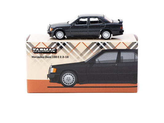 Black Mercedes-Benz model car on a patterned box with Tarmac branding.