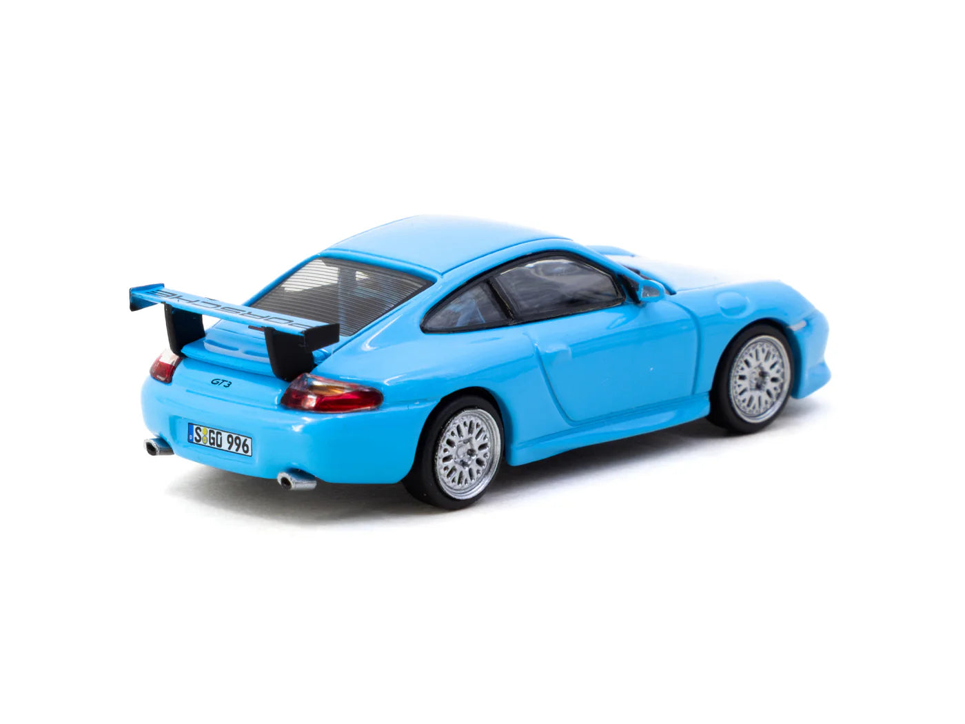 back perspective view of Porsche 911 GT3 (type 996) Light Blue 1:64 Scale Model Car – Tarmac Works X iXO Models GLOBAL64 (Product Code: T64G-069-BL)