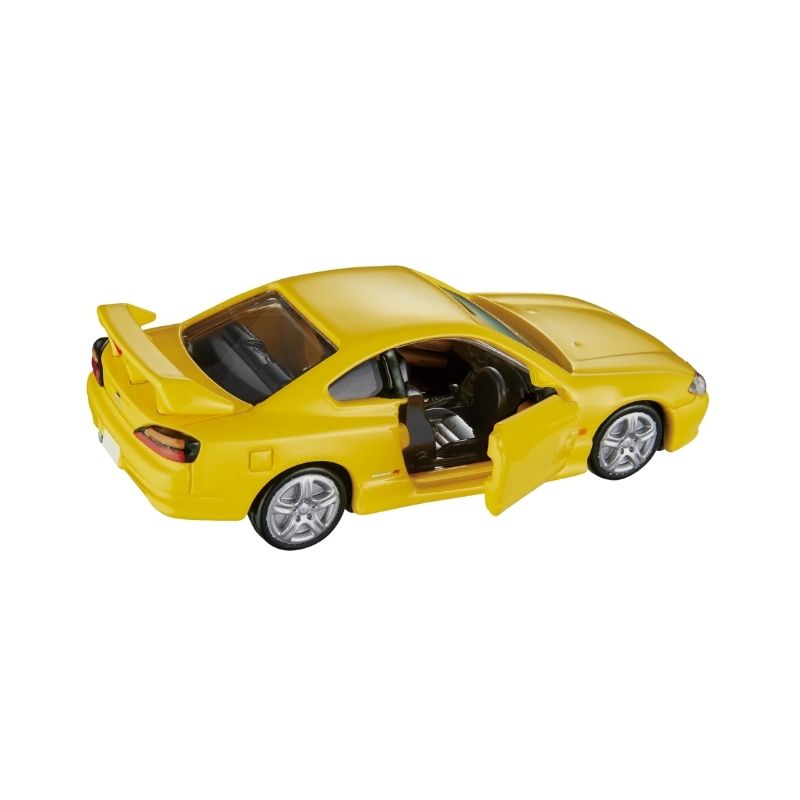 Side perspespective view of Nissan Silvia (S15) Yellow 1:64 Scale Model Car – Tomica Premium (Product Code: 291282)