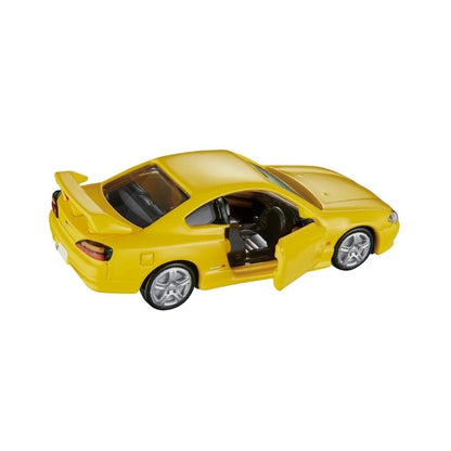 Side perspespective view of Nissan Silvia (S15) Yellow 1:64 Scale Model Car – Tomica Premium (Product Code: 291282)