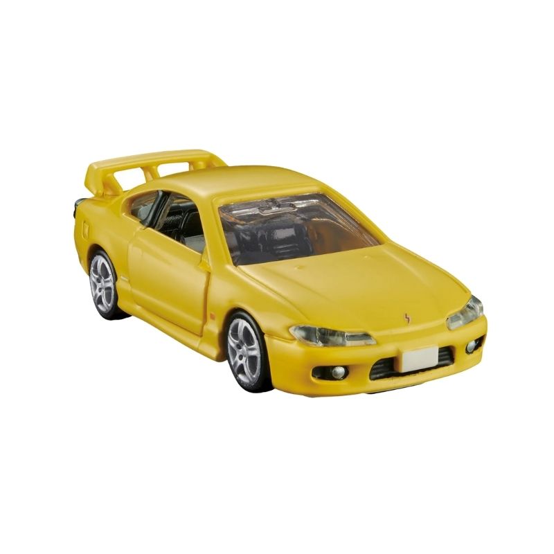 second front perspective view of Nissan Silvia (S15) Yellow 1:64 Scale Model Car – Tomica Premium (Product Code: 291282)