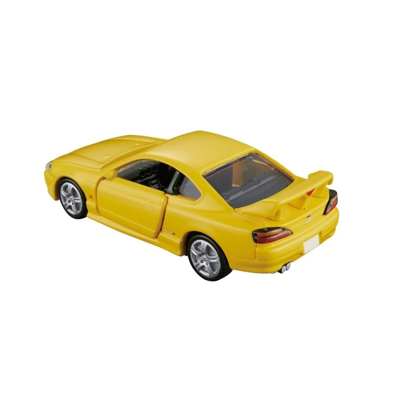 back perspective view of Nissan Silvia (S15) Yellow 1:64 Scale Model Car – Tomica Premium (Product Code: 291282)