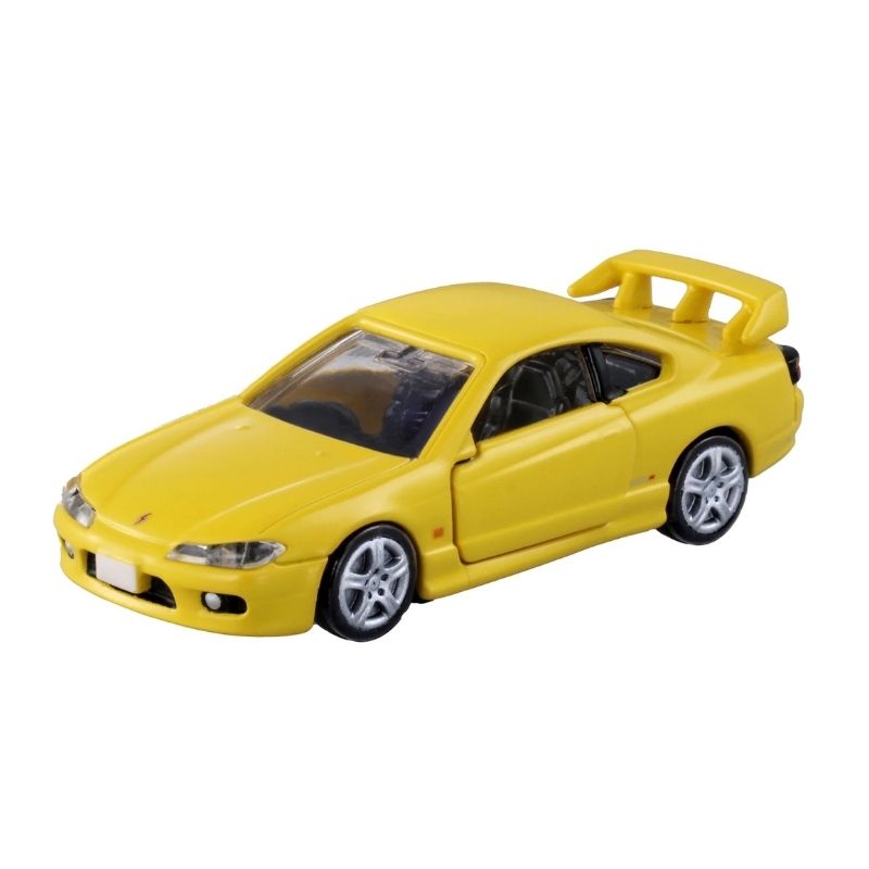 front perspective view of Nissan Silvia (S15) Yellow 1:64 Scale Model Car – Tomica Premium (Product Code: 291282)