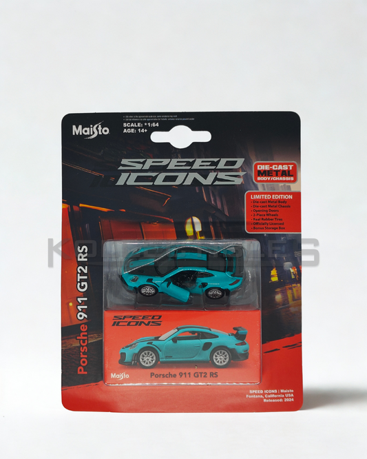 Packaged toy car model of Porsche 911 GT2 RS by Maisto with 'Speed Icons' branding on a white background.