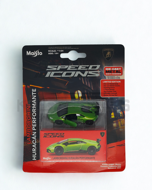 Packaged toy car model of Lamborghini Huracan Performante with 'Speed Icons' branding on a white background.