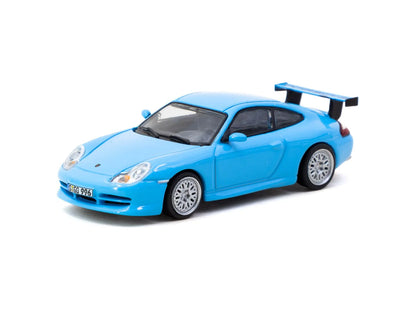 front perspective view of Porsche 911 GT3 (type 996) Light Blue 1:64 Scale Model Car – Tarmac Works X iXO Models GLOBAL64 (Product Code: T64G-069-BL)