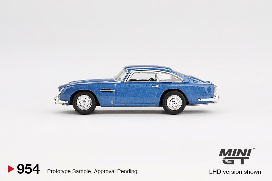 side view of Aston Martin DB5 Sierra Blue 1:64 scale model car - Mini GT
