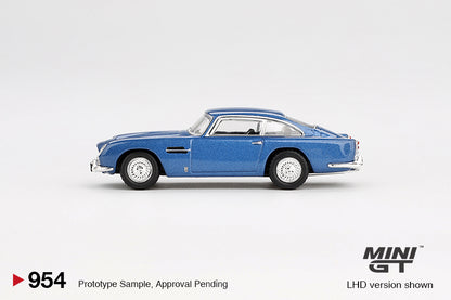 side view of Aston Martin DB5 Sierra Blue 1:64 scale model car - Mini GT