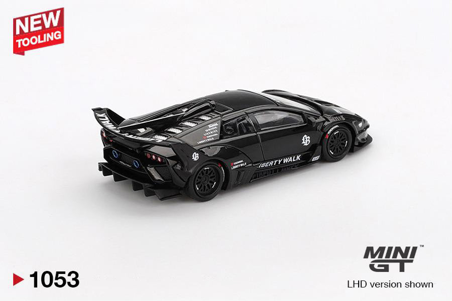 back perspective view of Lamborghini LB-Silhouette WORKS MURCIELAGO GT Evo Black 1:64 scale model car - Mini GT