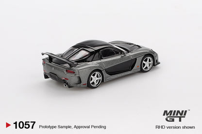 back perspective view of Mazda RX-7 VeilSide Fortune Grey 1:64 scale model car - Mini GT