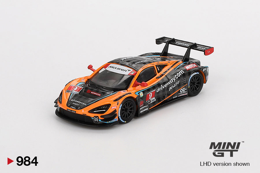 Front perspective view of McLaren 720S GT3 Evo Pfaff Motorsports 2024 IMSA Daytona 24 Hrs 1:64 scale model car - Mini GT