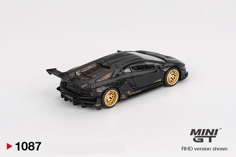 Back perspectve view of LB★WORKS Lamborghini Aventador Limited Edition Matte Black 1:64 Scale Model Car – Mini GT (Product Code: MGT01087)