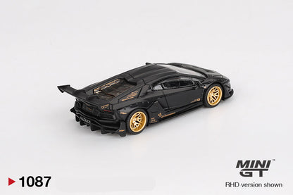 Back perspectve view of LB★WORKS Lamborghini Aventador Limited Edition Matte Black 1:64 Scale Model Car – Mini GT (Product Code: MGT01087)