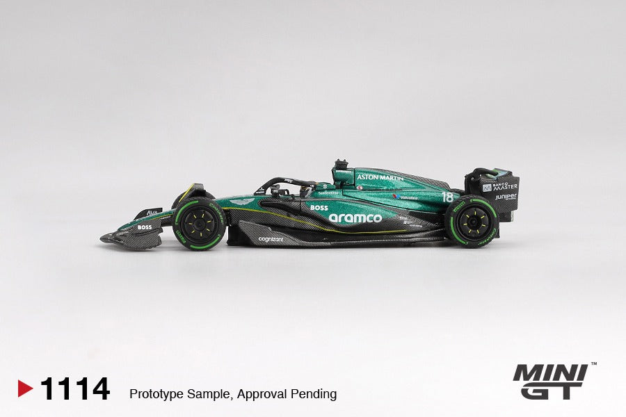 side view of Aston Martin AMR24 #18 Lance Stroll 2024 F1 – Mini GT (Product Code: MGT01114)