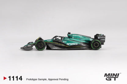side view of Aston Martin AMR24 #18 Lance Stroll 2024 F1 – Mini GT (Product Code: MGT01114)