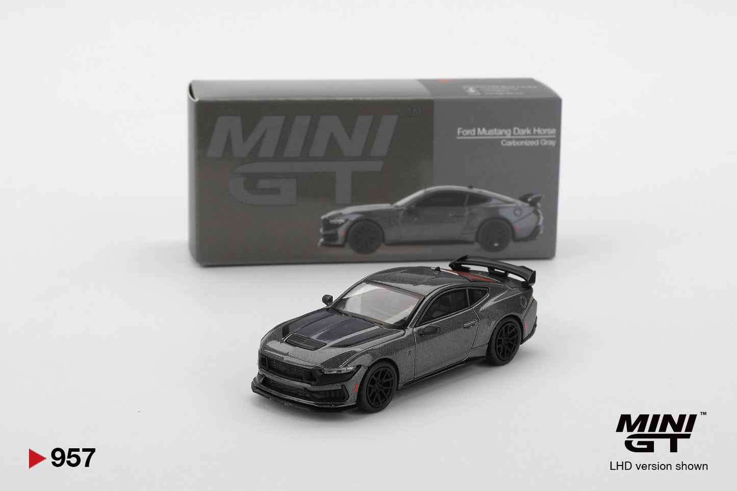 Box of Ford Mustang Dark Horse 2024 Carbonized Gray 1:64 Scale Model Car – Mini GT (Product Code: MGT00957)