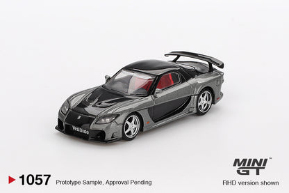 Front perspective view of Mazda RX-7 VeilSide Fortune Grey 1:64 scale model car - Mini GT