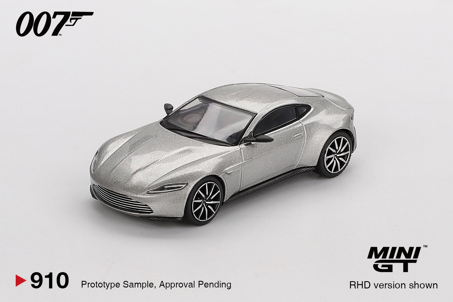 FRONT PERSPECTIVE VIEW OF Aston Martin DB10 “Spectre” blister pack 1:64 scale model car - Mini GT