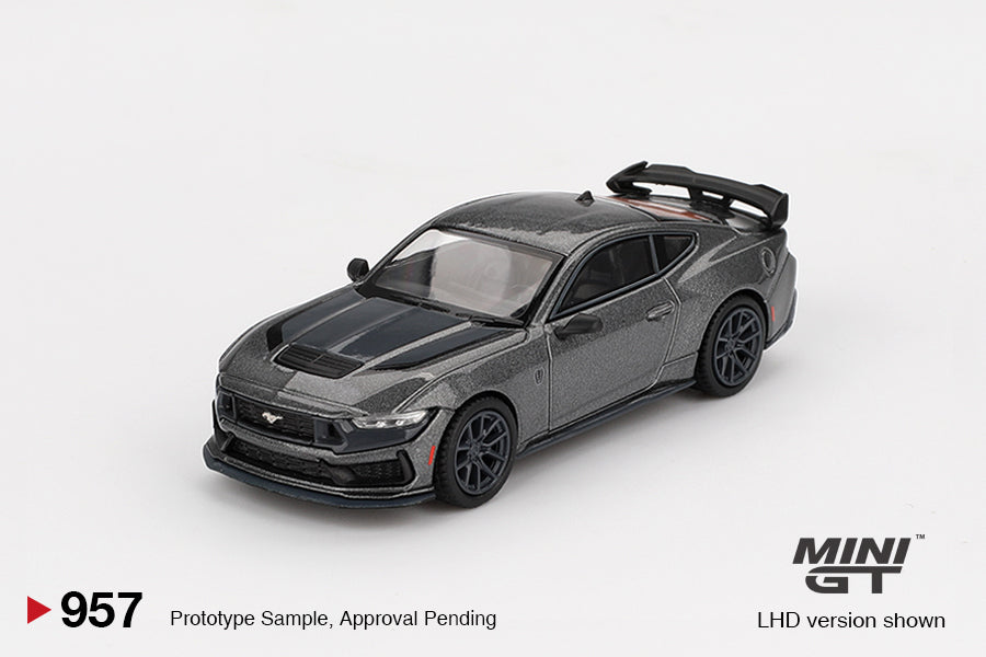 Front perspective view of Ford Mustang Dark Horse 2024 Carbonized Gray 1:64 Scale Model Car – Mini GT (Product Code: MGT00957)