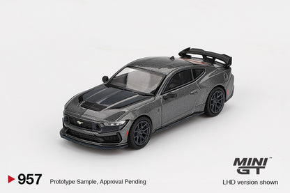 Front perspective view of Ford Mustang Dark Horse 2024 Carbonized Gray 1:64 Scale Model Car – Mini GT (Product Code: MGT00957)