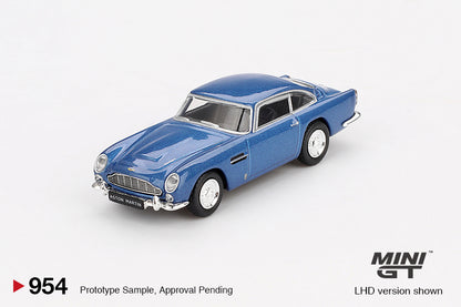 Front perspective view of Aston Martin DB5 Sierra Blue 1:64 scale model car - Mini GT
