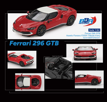 BBR Models Ferrari 296 GTB Assetto Fiorano F2004 Tribute livery red 1:64 scale diecast model car, product sheet showing multiple views and the detailed interior