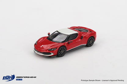 BBR Models Ferrari 296 GTB Assetto Fiorano F2004 Tribute livery red 1:64 scale diecast model car, front three-quarter view showing the white roof and white lower bumper stripe