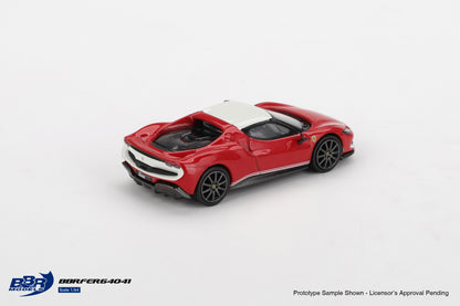 BBR Models Ferrari 296 GTB Assetto Fiorano F2004 Tribute livery red 1:64 scale diecast model car, rear three-quarter view showing the rear engine cover and diffuser