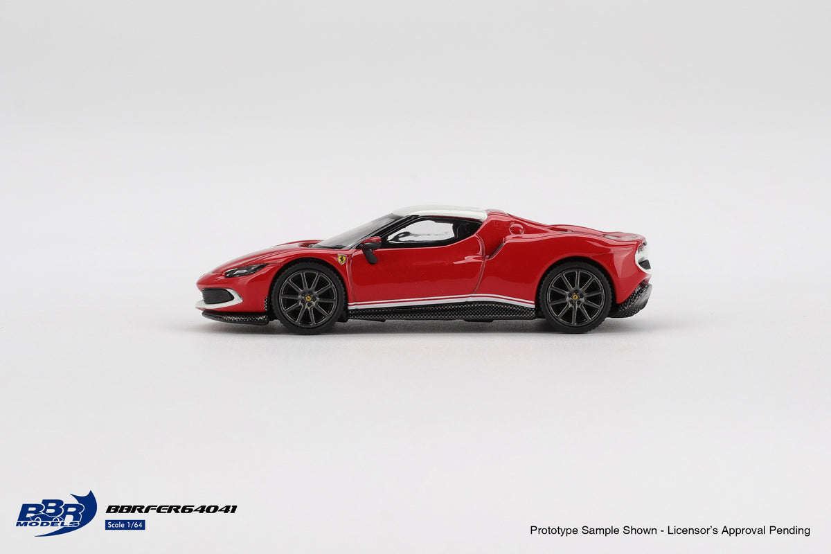 BBR Models Ferrari 296 GTB Assetto Fiorano F2004 Tribute livery red 1:64 scale diecast model car, side profile showing the white pinstripe and carbon-look side skirts