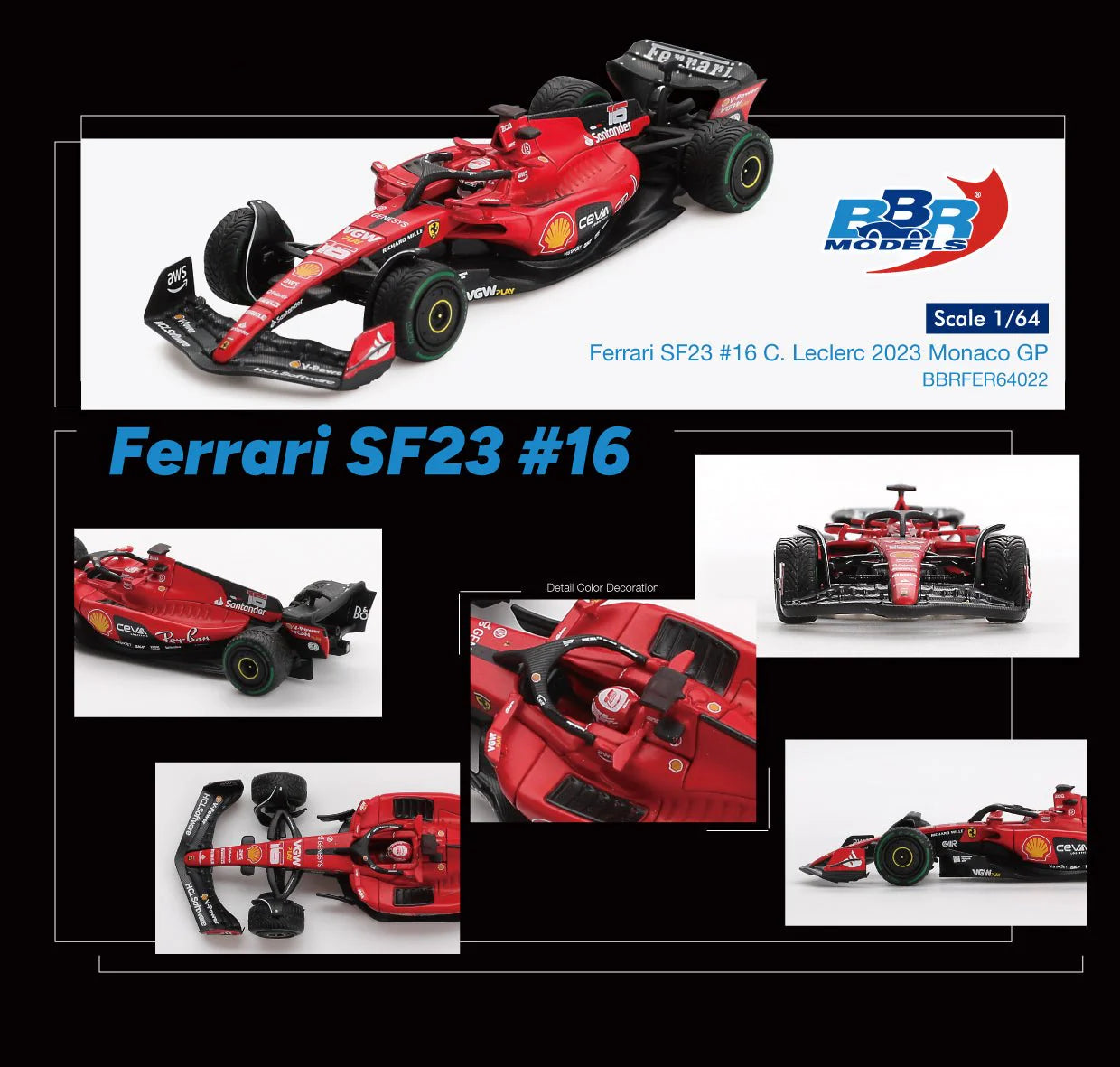 Ferrari SF-23 #16 C. Leclerc 2023 Monaco GP 1:64 scale model car - front view