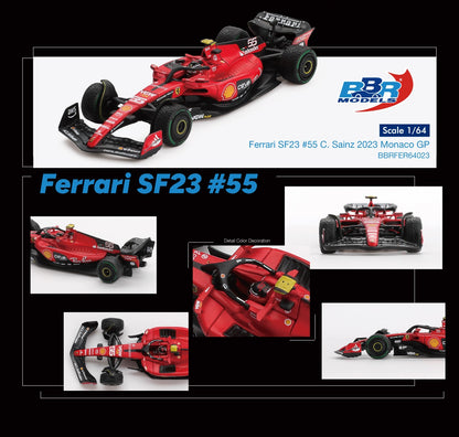 Ferrari SF-23 #16 C. Sainz 2023 Monaco GP 1:64 scale model car - front view