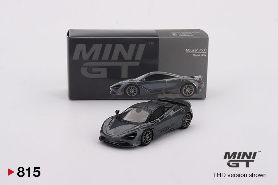 box with Front perspective view of McLaren 750S Saros Grey 1:64 scale model car - Mini GT