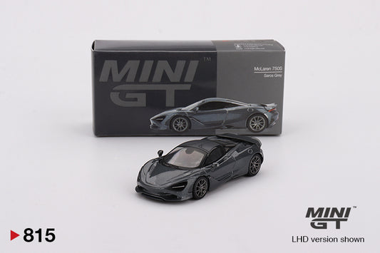 box with Front perspective view of McLaren 750S Saros Grey 1:64 scale model car - Mini GT