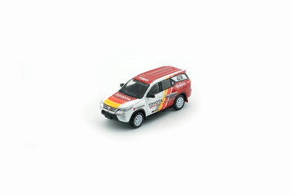 Front three-quarter view of Toyota Fortuner 2018 TRD Racing 1:64 diecast model car by BM Creations in white and red #420 livery (64B0474)